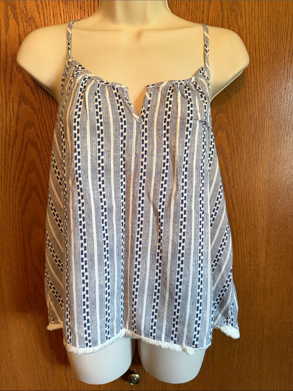aerie Blue and White Striped Fringe-Hem Spaghetti Strap Cami